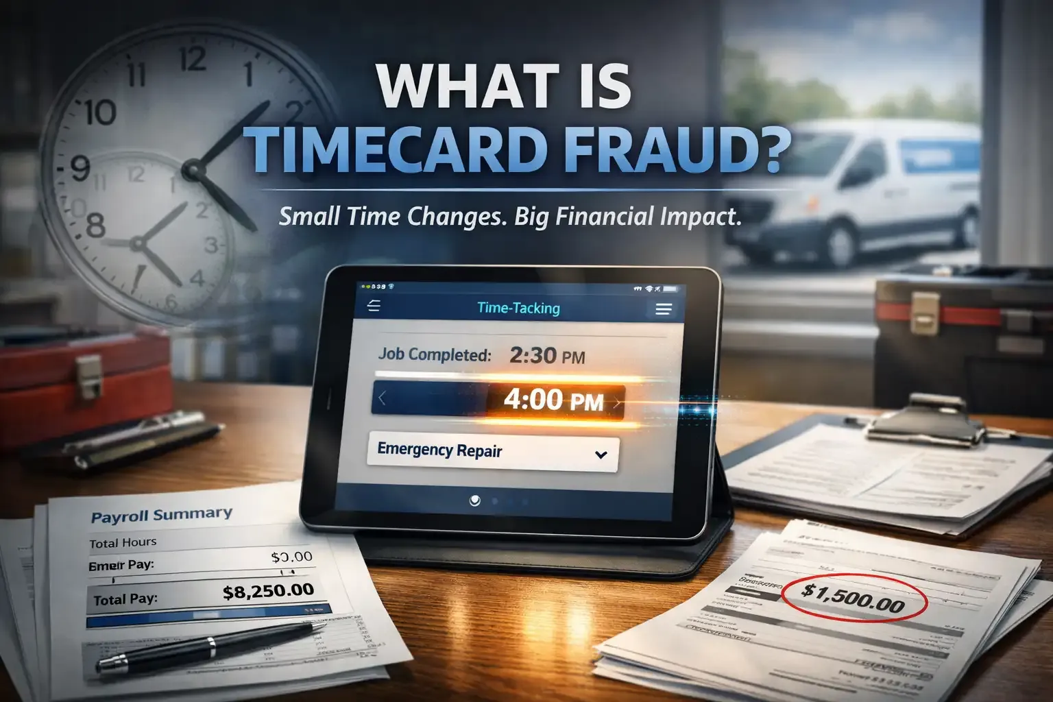 Tablet showing edited time entry in field service time-tracking app